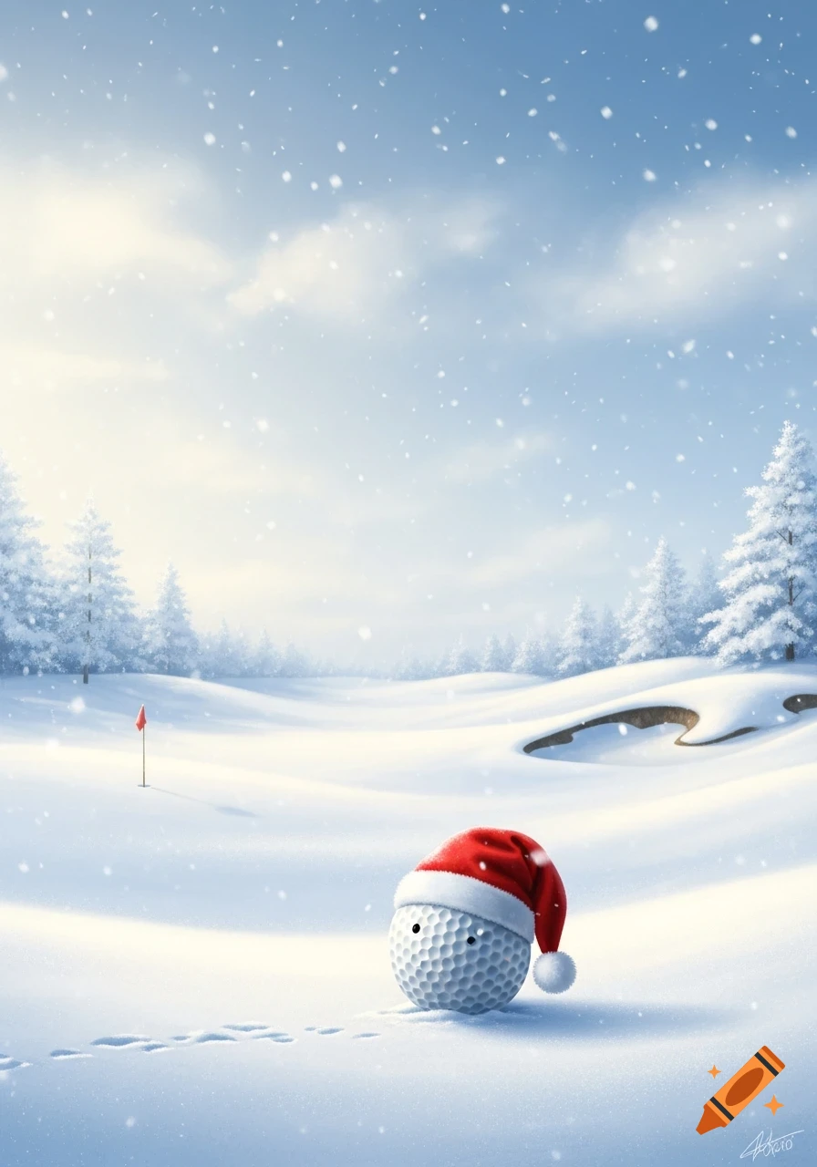 An illustration of a golf ball wearing a Santa hat on a snowy golf course with falling snow and footprints.