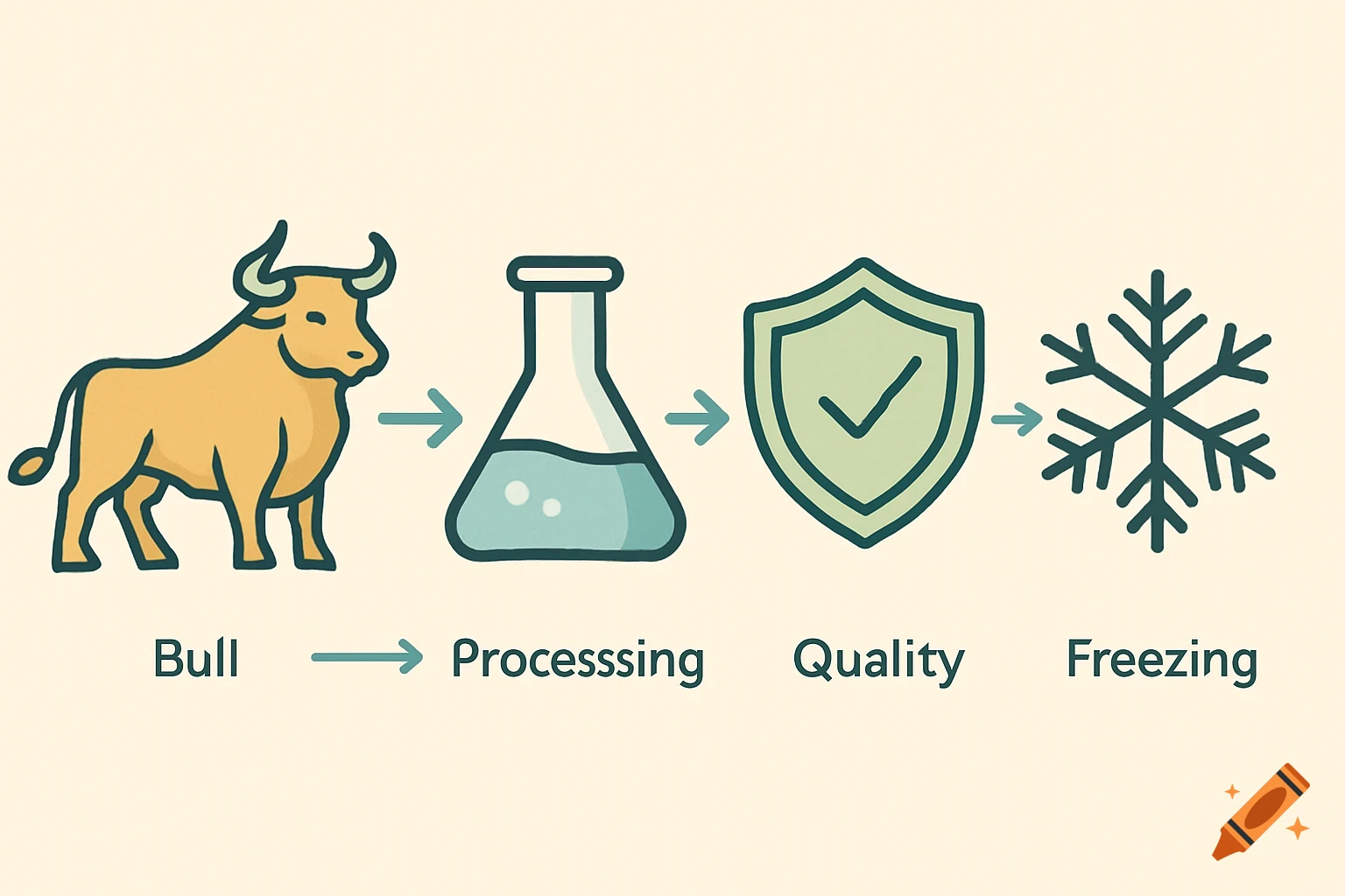 Stylized educational infographic illustrating a process with icons: a bull, a flask, a shield with a checkmark, and a snowflake. The text labels are Bull, Processsing, Quality, Freezing.