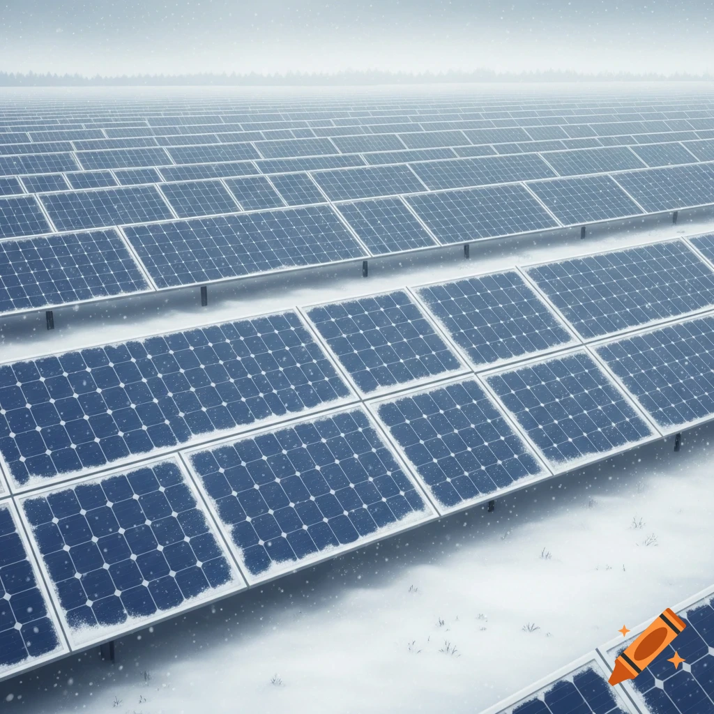 A vast field of blue solar panels partially covered in snow under a hazy, snowy sky with distant trees.