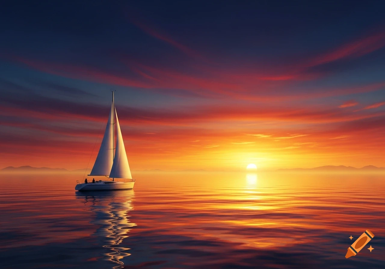A sailboat glides on calm water under a vibrant orange and purple sunset, with the sun reflecting on the ripples.