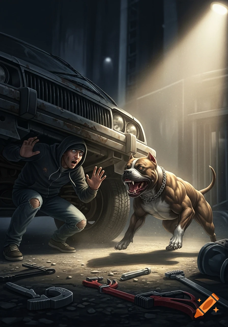 Illustrated scene of a scared man under a rusty car, hands up in fear, as an aggressive pitbull snarls at him on a dark urban street.