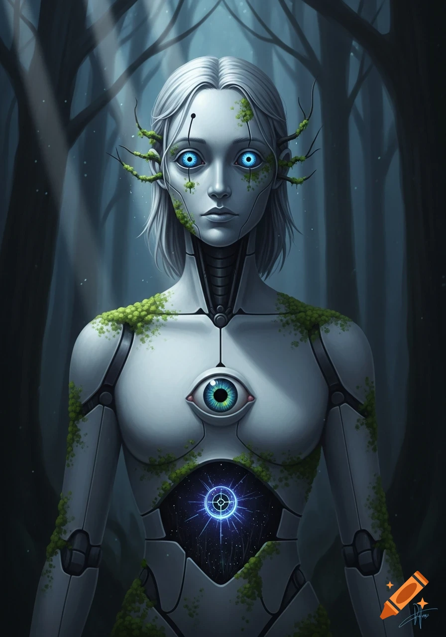 A pale cyborg woman with bright blue eyes and moss growing on her body stands in a dark forest, featuring an eye on her chest and a glowing core.