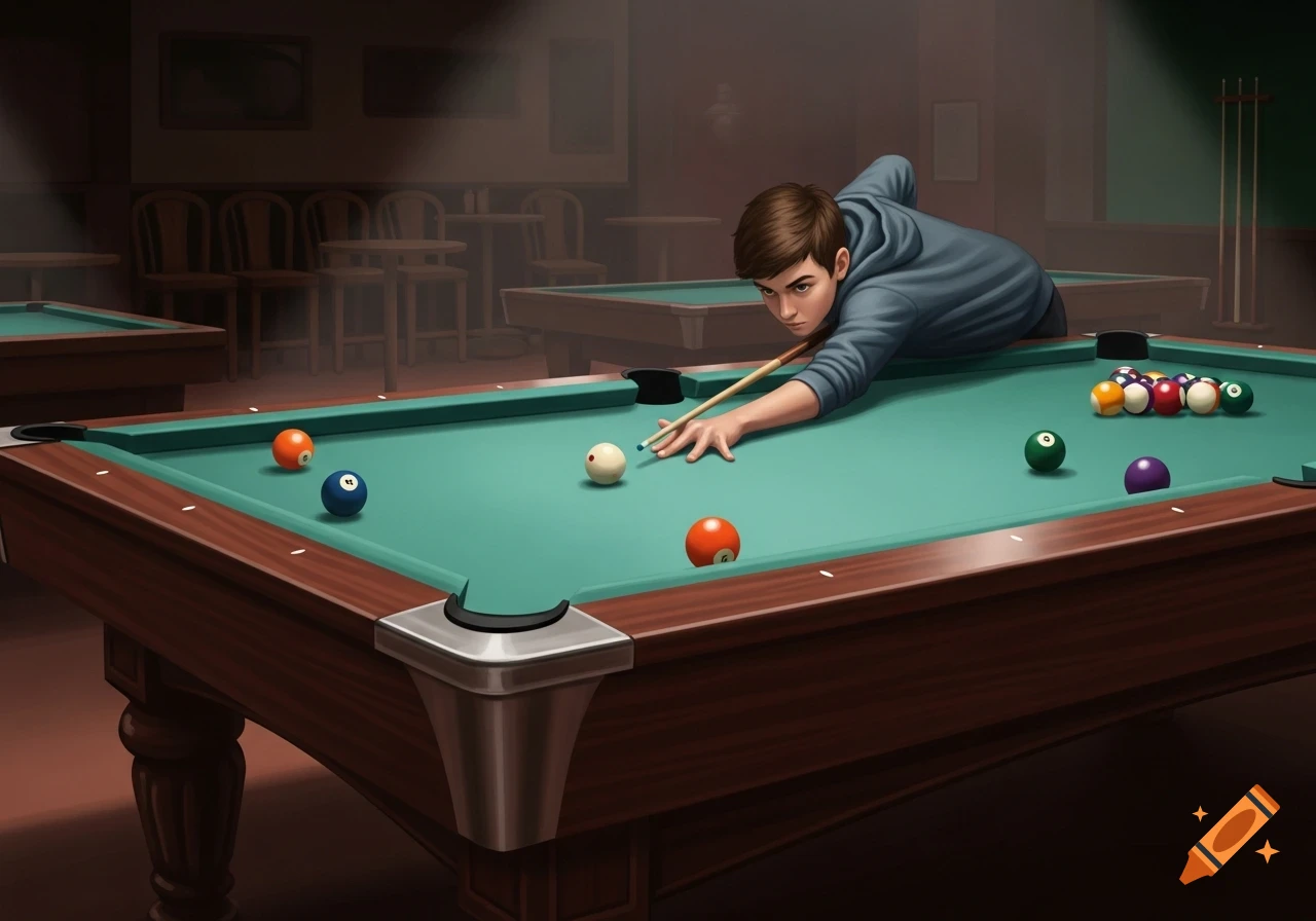 A stylized illustration of a boy aiming a cue stick at a white ball on a pool table in a dimly lit hall.