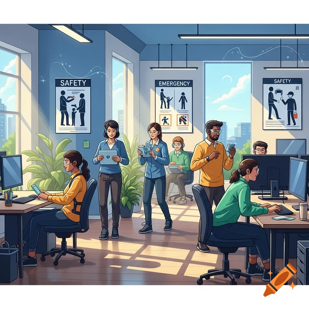 An illustration of a bright, modern office with diverse workers and "SAFETY" and "EMERGENCY" posters on the wall.