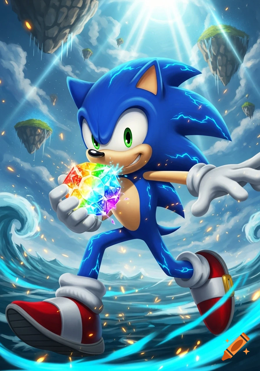 Sonic the Hedgehog holds a glowing rainbow crystal amidst floating islands, ocean waves, and light rays in a vibrant illustration.