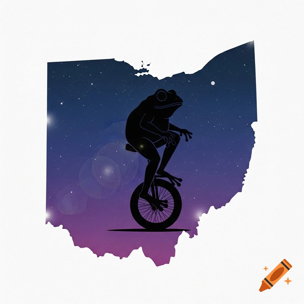 Silhouette of a frog riding a unicycle against a starry purple-blue sky, inside the outline of the state of Ohio.