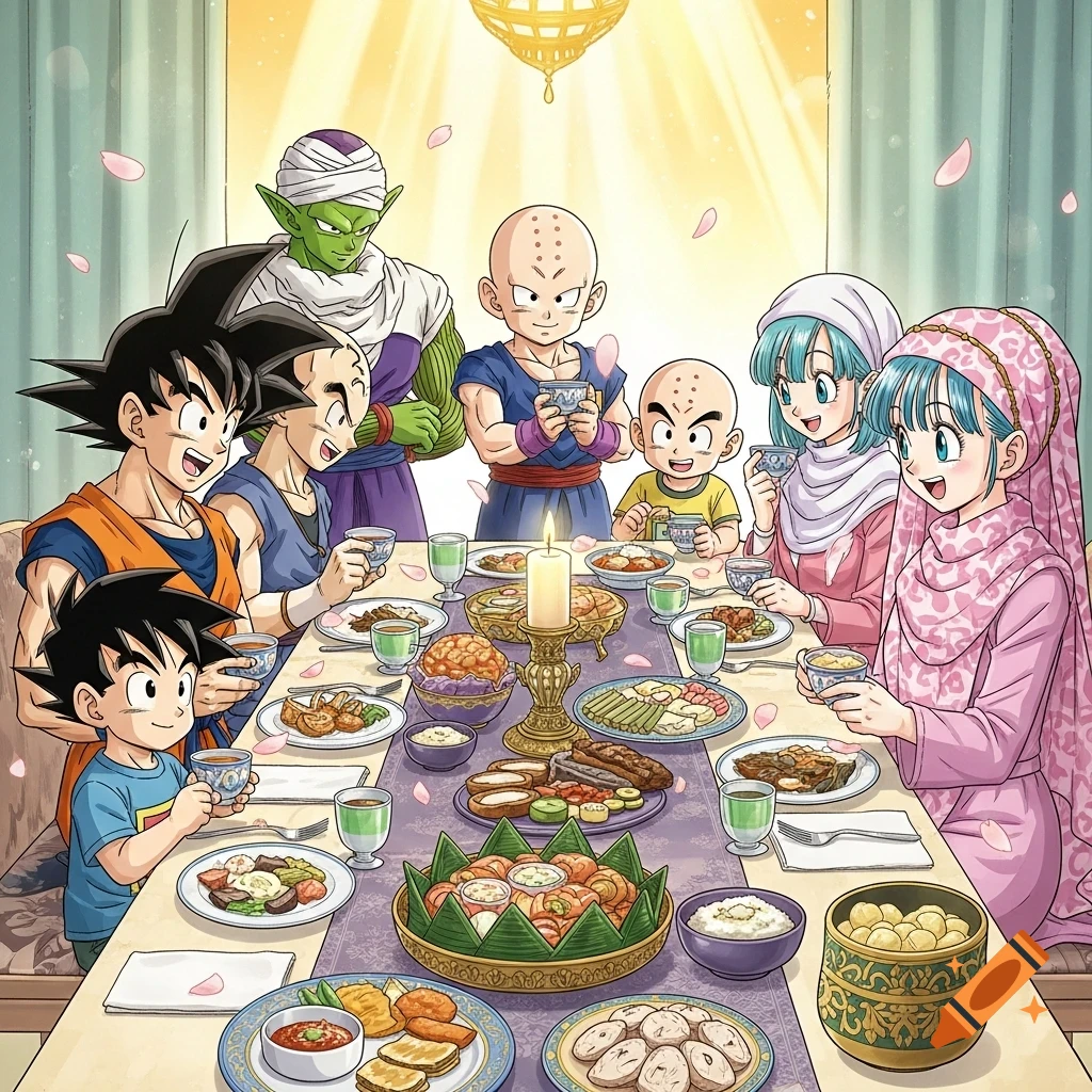 Dragon Ball characters Goku, Gohan, Piccolo, Krillin, and Bulma gather around a table for an Iftar meal, depicted in anime style.