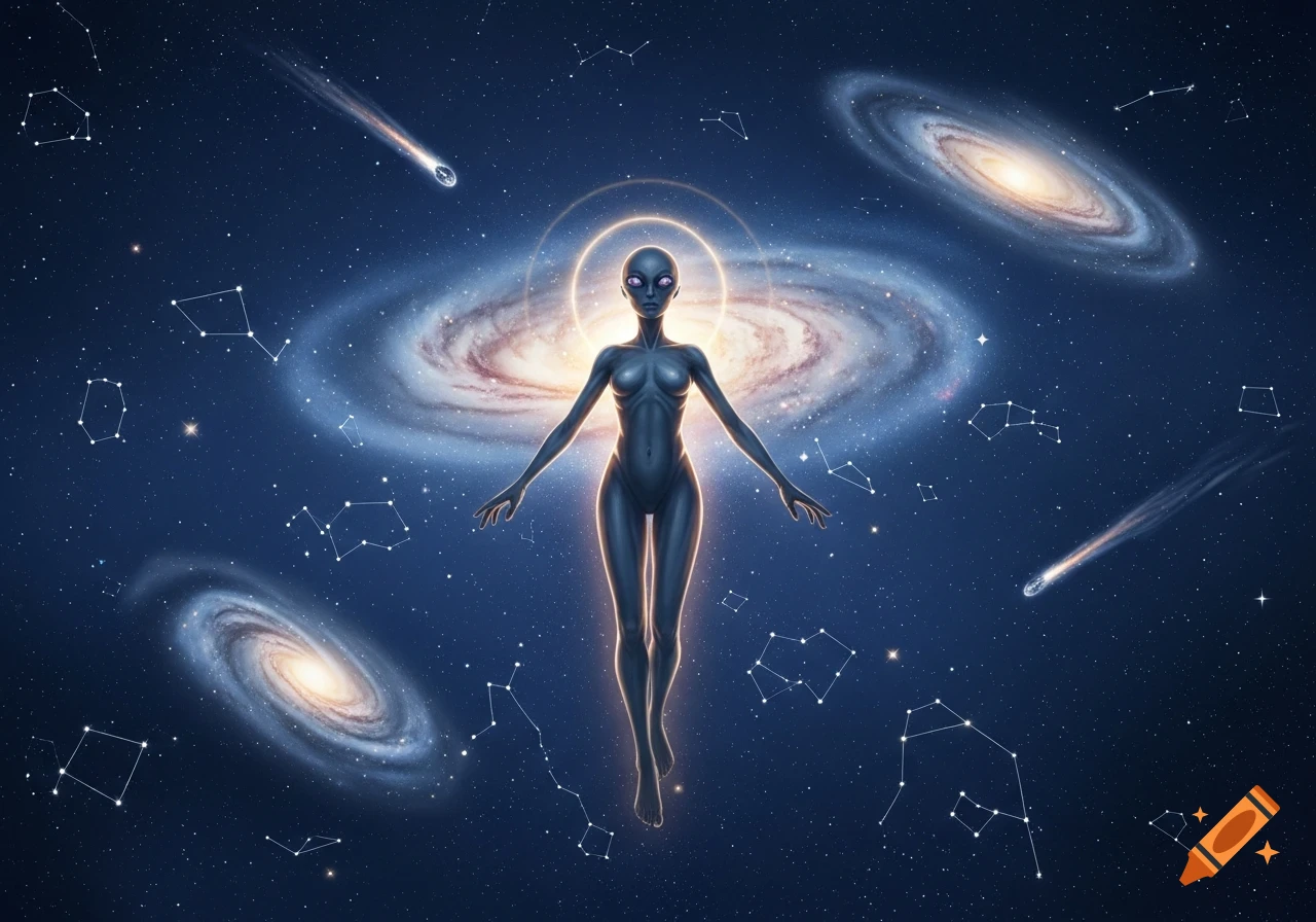 A stylized grey alien floats in a cosmic galaxy, surrounded by stars and constellations.
