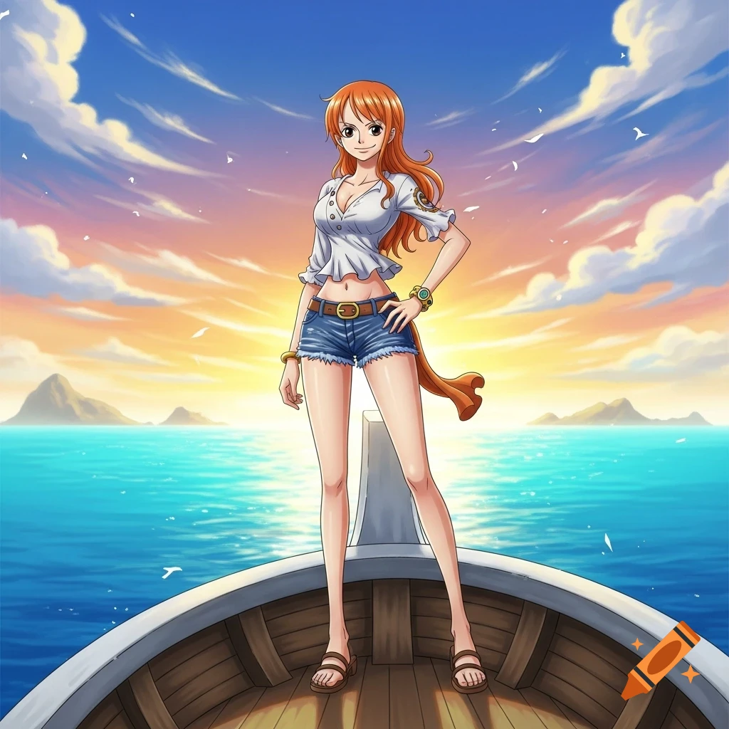 Nami from One Piece stands on a boat's bow with an ocean sunset in the background, anime style.