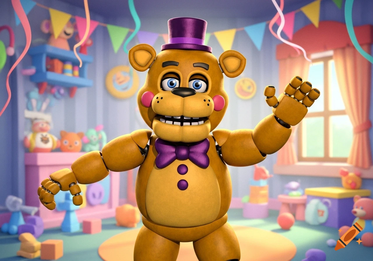 A friendly gold animatronic bear with a purple top hat and bowtie stands in a colorful, toy-filled children's room.