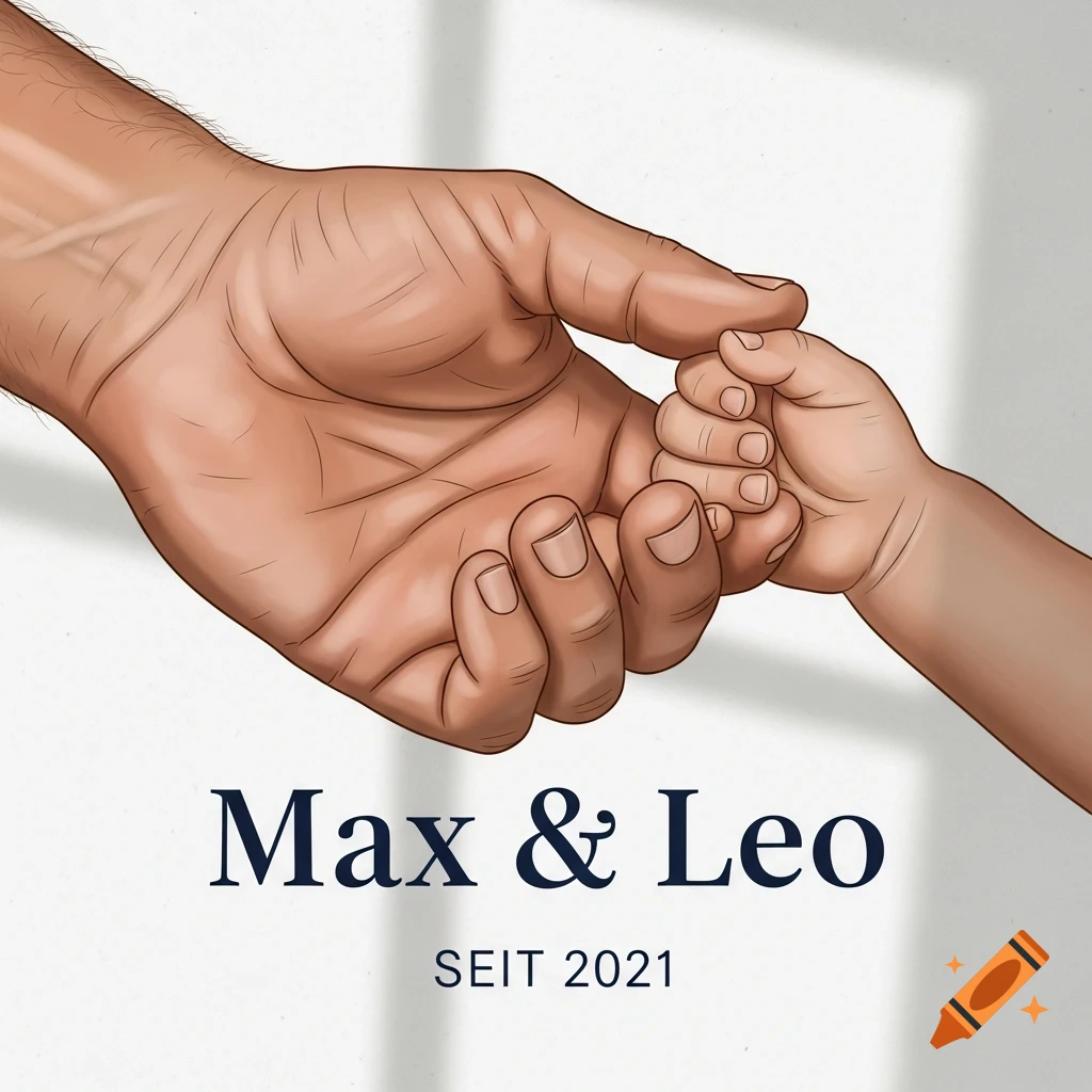 Illustrated close-up of an adult's hand gently holding a child's hand, with text 'Max & Leo SEIT 2021' below.