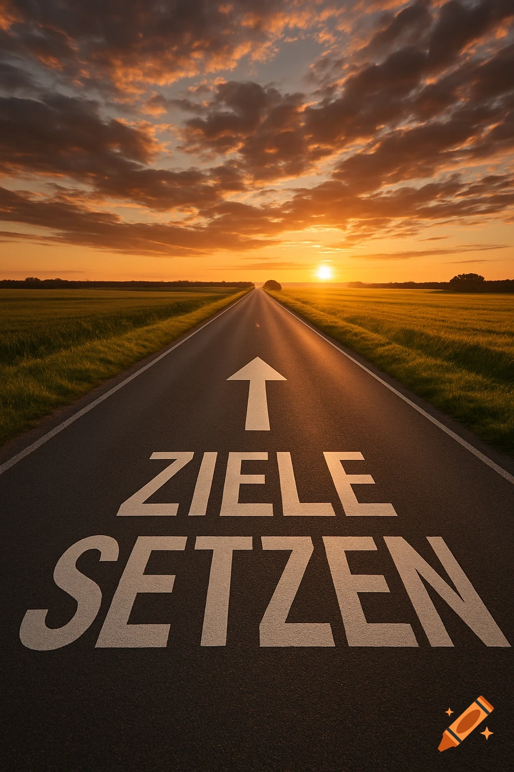 A long straight country road with "ZIELE SETZEN" and an arrow painted on asphalt, leading to a sunset over fields, photorealistic.