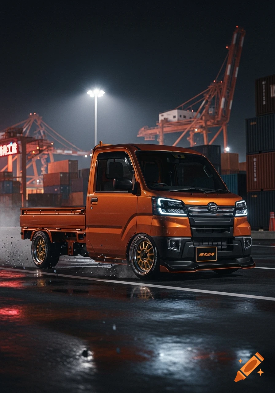Photorealistic orange Daihatsu Hijet kei truck with gold wheels, racing at night through an industrial port, kicking up water. Cranes and shipping containers in background.