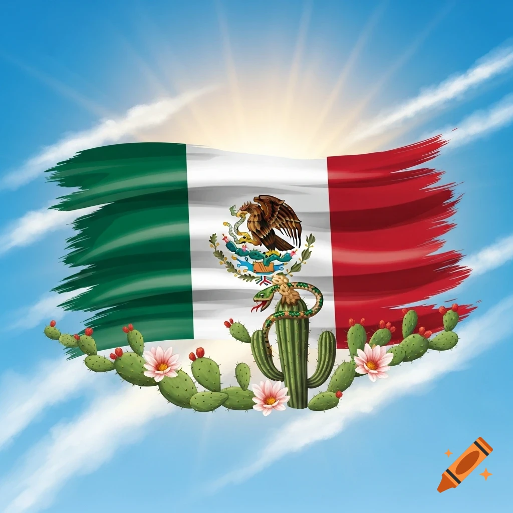 A stylized Mexican flag with brushstroke edges, featuring the national emblem (eagle and snake on a cactus) and blooming cacti against a sunny blue sky.