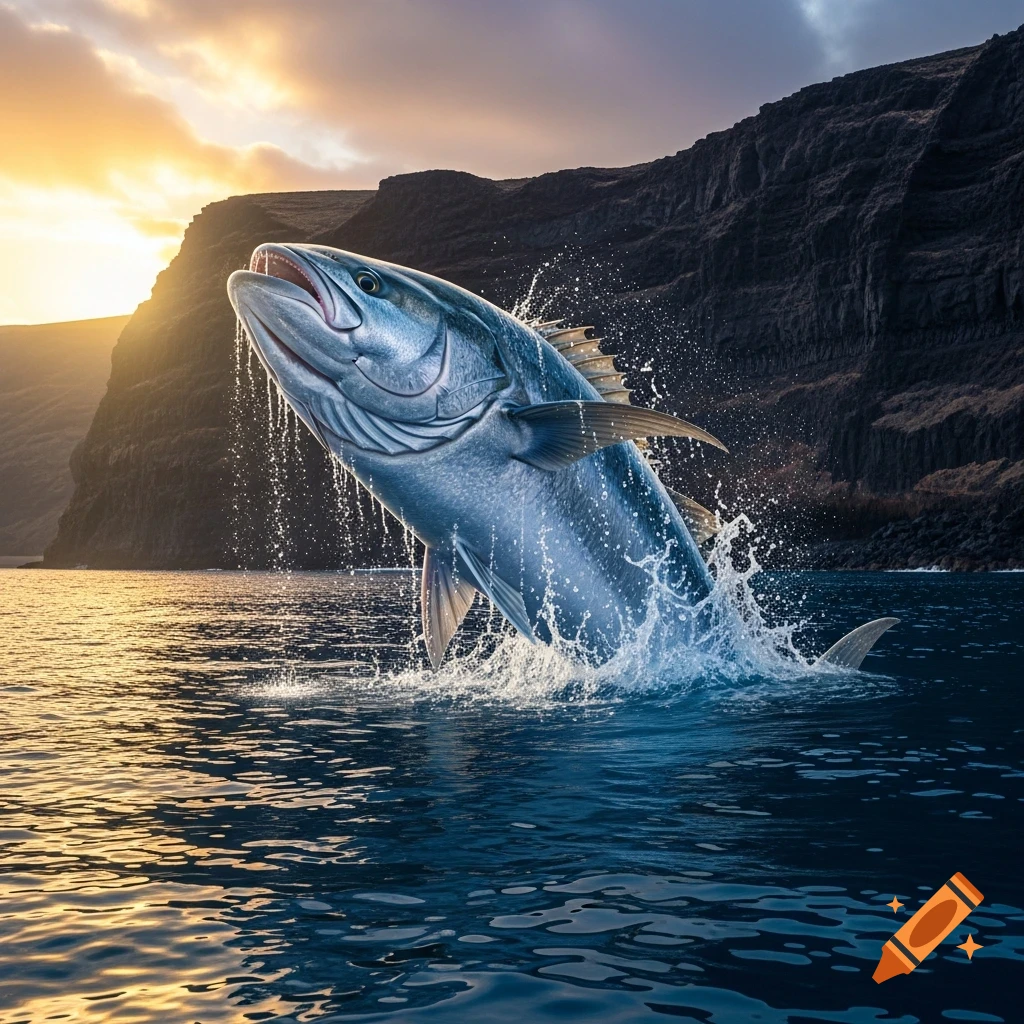A large fish leaps out of dark blue ocean water, creating a big splash, with a dramatic sunset over a black volcanic coast in the background.