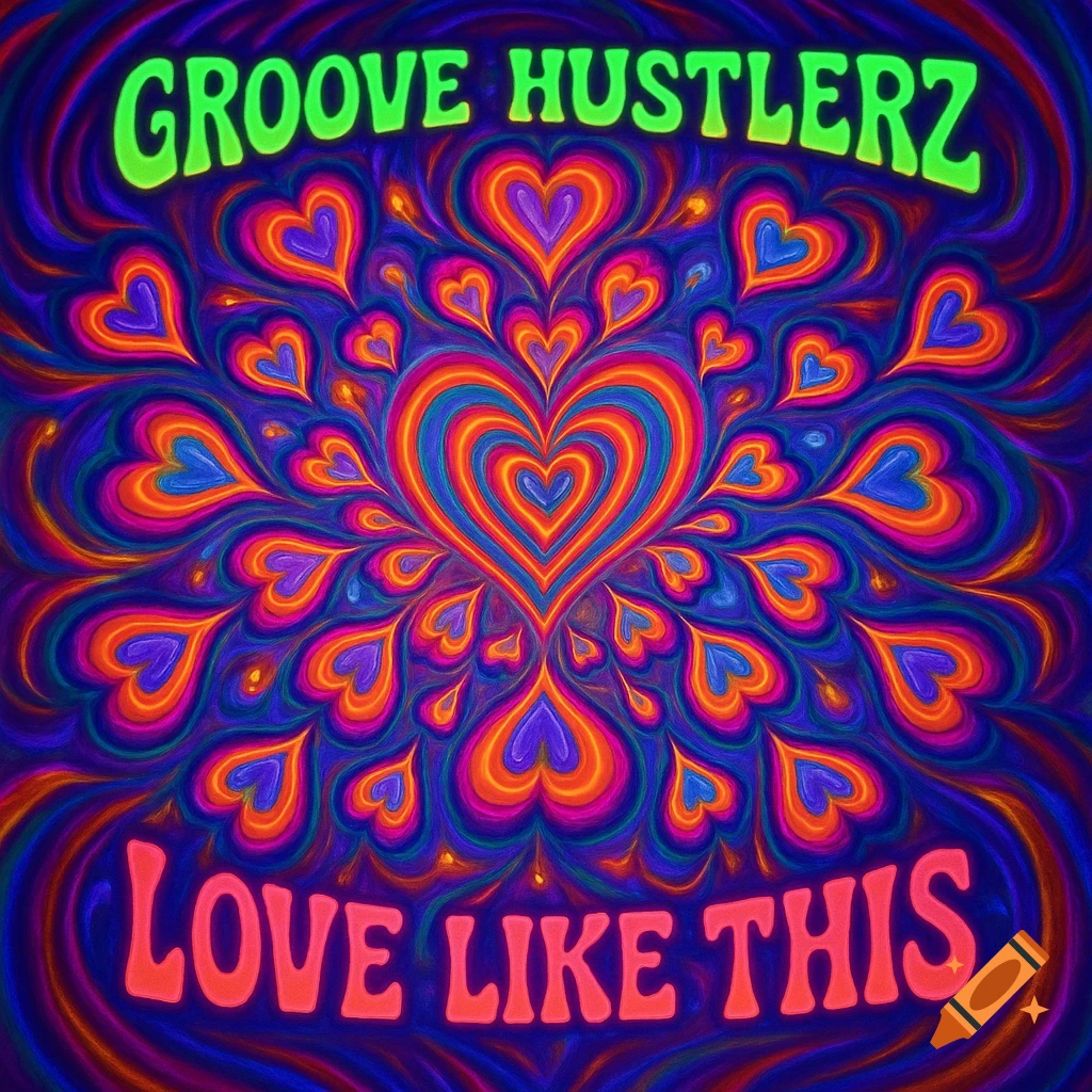Psychedelic album cover with concentric rainbow hearts, glowing green text 'GROOVE HUSTLERZ' at top and neon pink 'LOVE LIKE THIS' at bottom.
