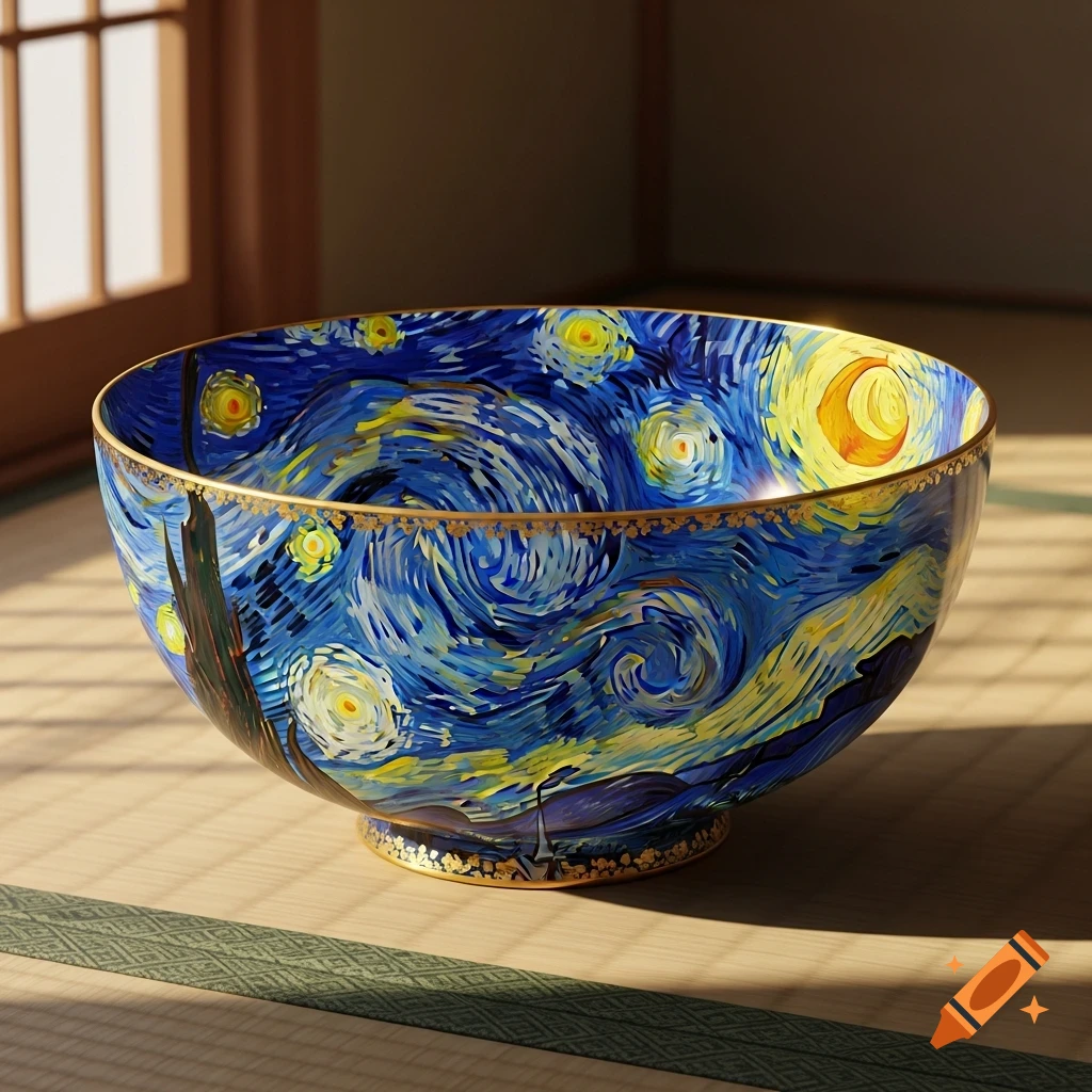 A ceramic bowl featuring Van Gogh's 'The Starry Night' painting with swirling blue and yellow patterns, stars, and a crescent moon, on a tatami mat.