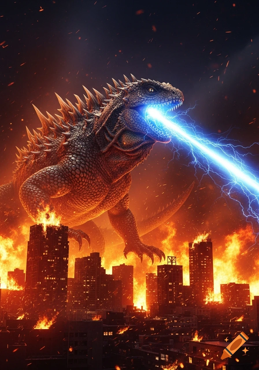 A giant, spiky lizard-like monster breathes a blue energy beam, causing a cityscape below to erupt in flames.