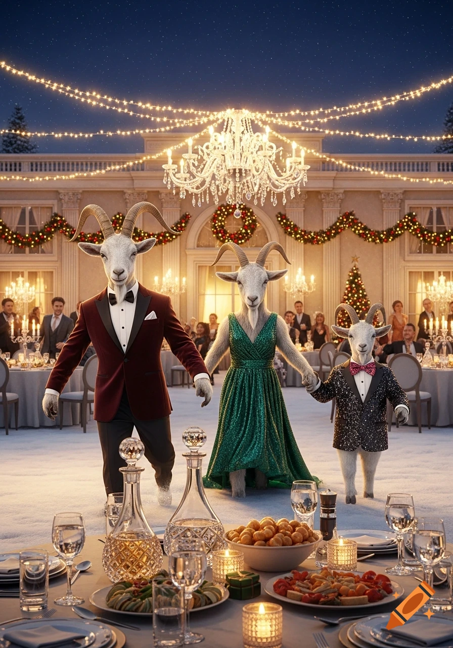 Anthropomorphic goat family in formal attire at an outdoor Christmas party with chandeliers, string lights, and snow.