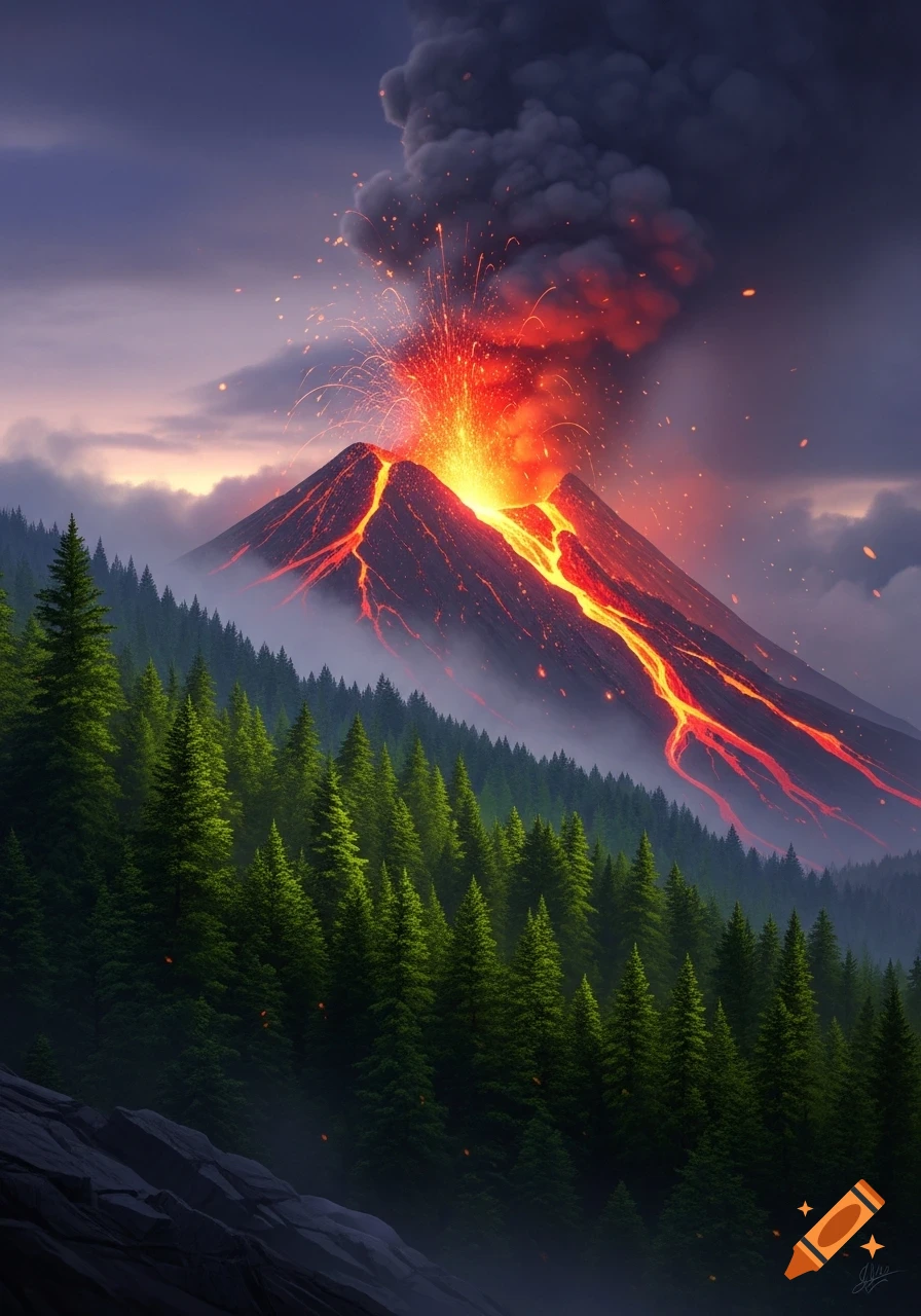 Photorealistic volcano eruption with lava flows and dense smoke over a pine forest under a dramatic sky.