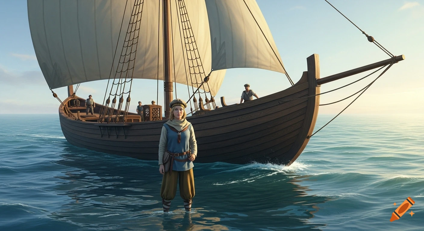 A medieval woman stands in the ocean with a large sailing cog and crew behind her under soft sunlight.