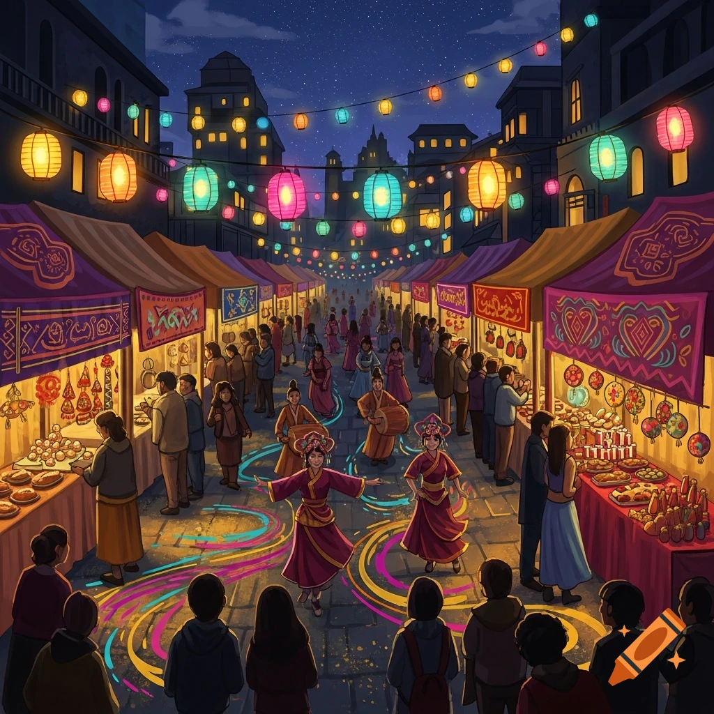 A vibrant night market with many people, food stalls, and colorful lanterns strung across the street at night. Two dancers are in the foreground.