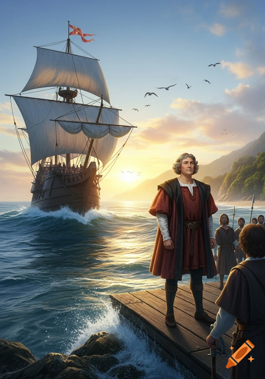A historical figure, resembling Christopher Columbus, stands on a wooden pier, gazing towards a large sailing ship approaching a lush coastline at sunset, with other figures behind him.