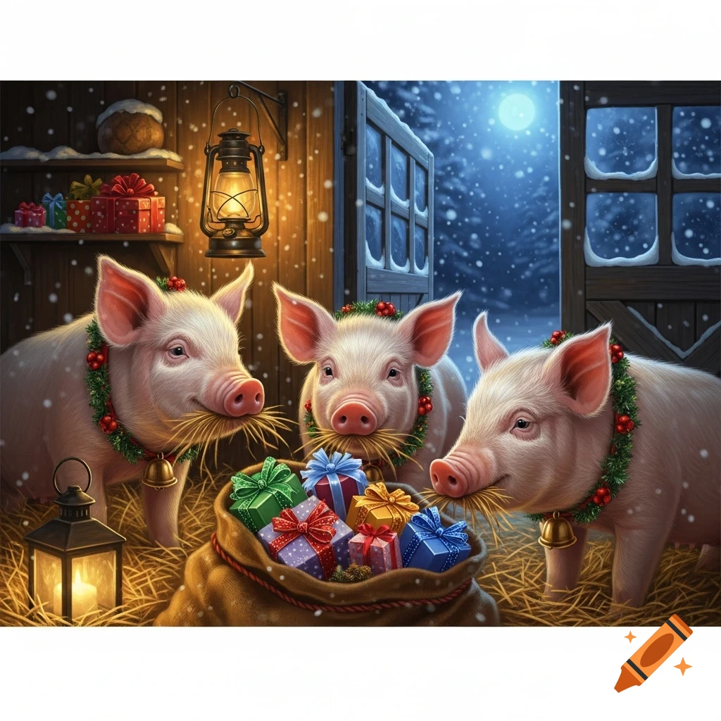 Three cute pigs with holly wreaths and bells stand around a bag of presents in a snowy barn at night.