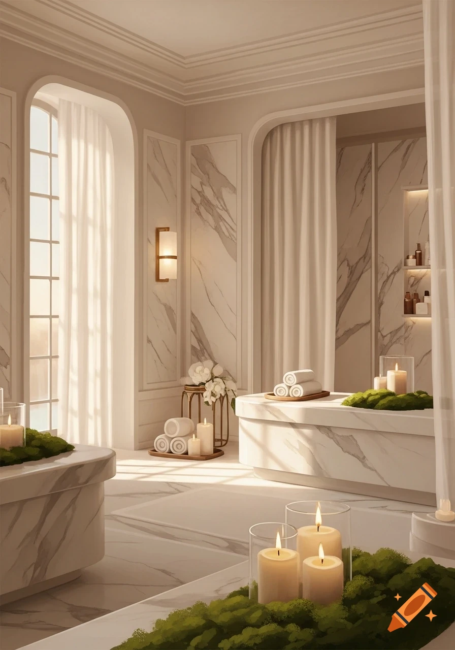 A serene, luxurious spa bathroom with marble walls and tubs, soft golden hour lighting, lit candles, rolled white towels, and sheer white curtains.