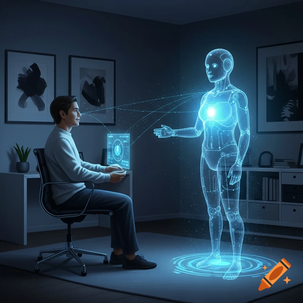 A man sits at a desk, looking at a glowing blue holographic AI figure in a dimly lit modern room.