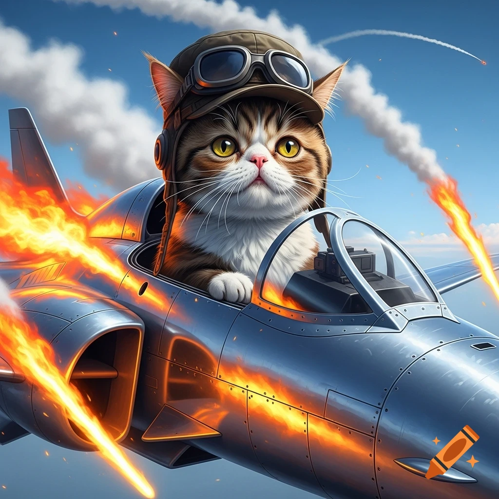 A cute tabby cat wearing a pilot's hat and goggles flies a silver F-1 jet engulfed in flames through a blue sky with clouds.