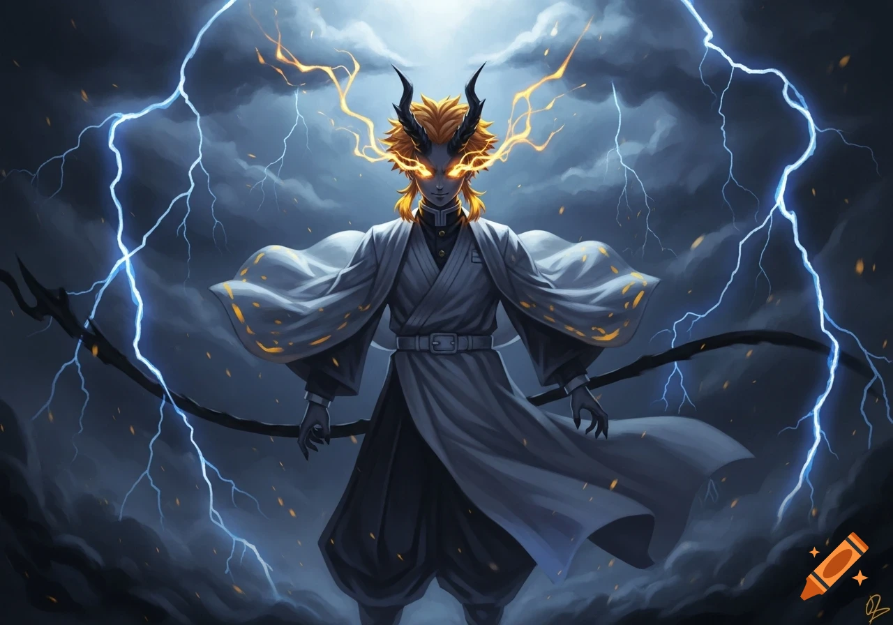 An anime character with orange hair, glowing eyes, and black horns wears a dark uniform and white haori, surrounded by blue lightning and golden sparks.