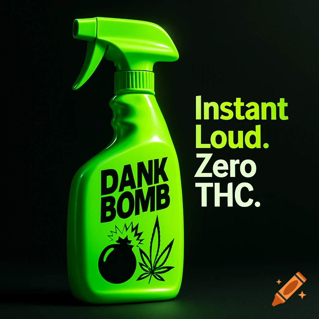 A neon green spray bottle labeled 'DANK BOMB' with a bomb and cannabis leaf logo, and text 'Instant Loud. Zero THC.' on a black background.
