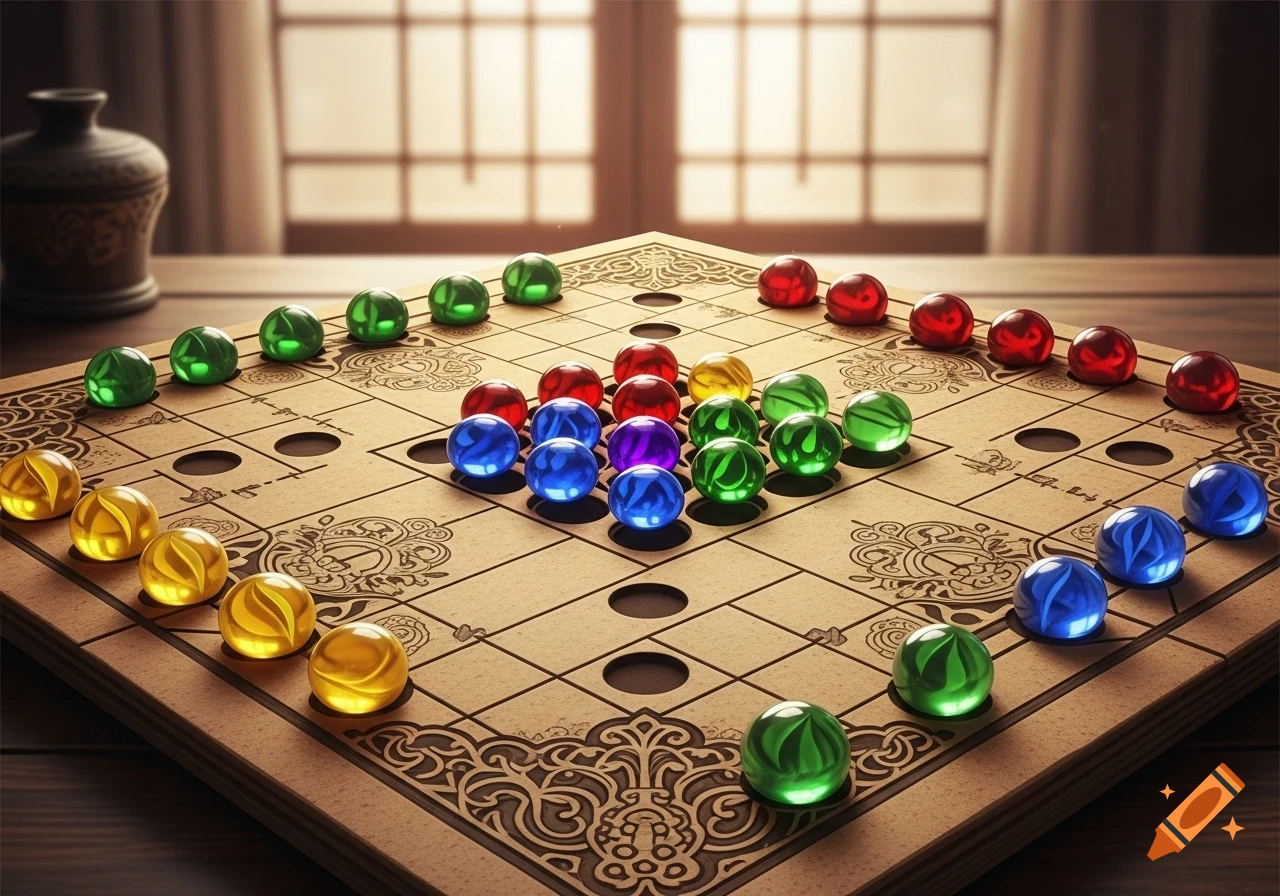 A photorealistic image of a board game with colorful glass marbles set on a patterned board, near a window.