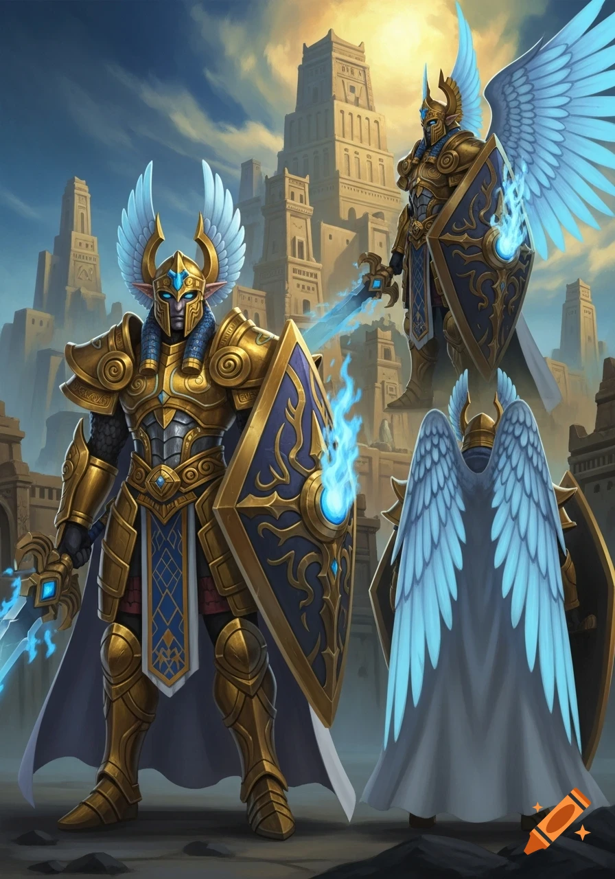 Concept art of three golden-armored winged warriors with glowing blue swords and shields before an ancient city.