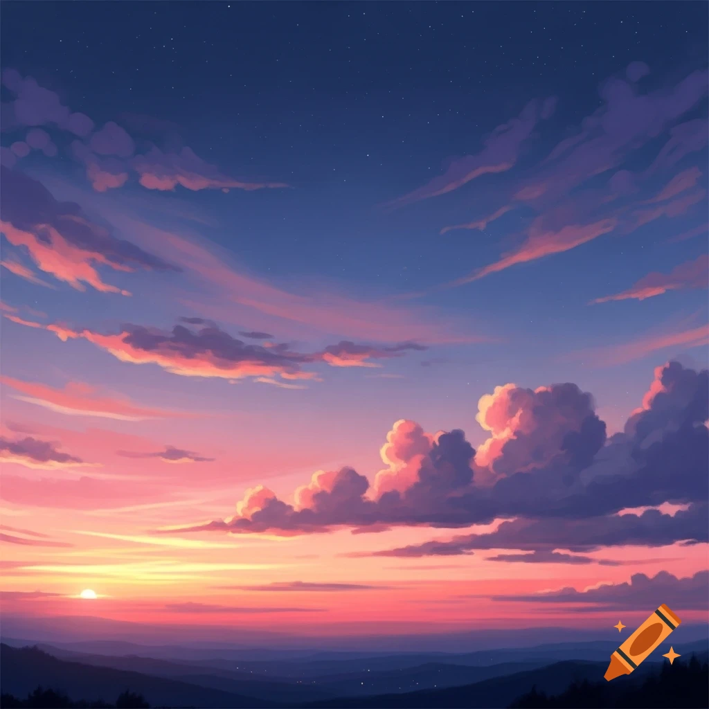 A vibrant anime-style sunset over distant mountains, with pink, orange, and purple clouds against a deep blue, star-speckled sky.