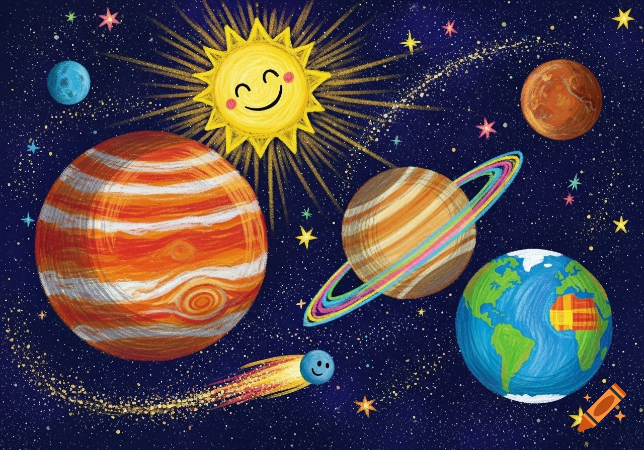 A colorful, child-like illustration of the solar system with smiling planets and sun in a starry night sky.