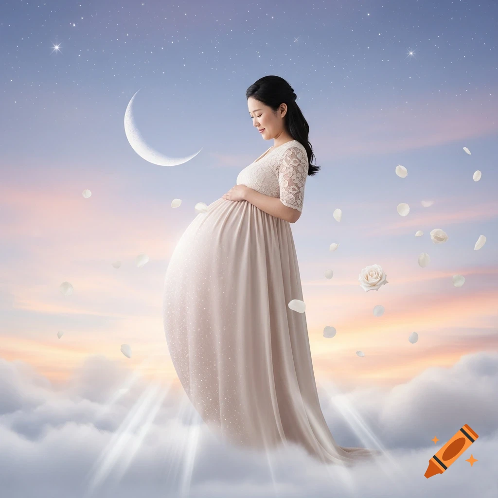 Pregnant Asian woman with an exaggerated belly floating among clouds, stars, a crescent moon, and white petals in a dreamlike sky.
