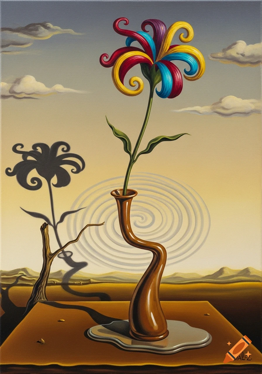 Surreal oil painting of a vibrant, curly-petaled flower in a melting, wavy brown vase on a table in a desert landscape.