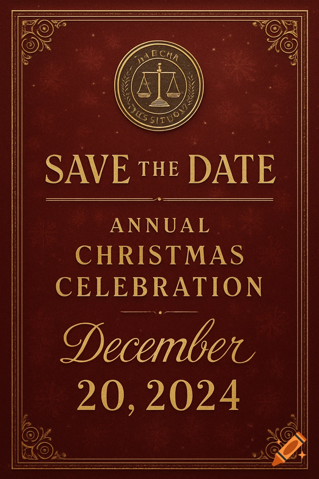 A formal red save-the-date invitation for an annual Christmas celebration on December 20, 2024, with a gold border and a seal depicting scales of justice.