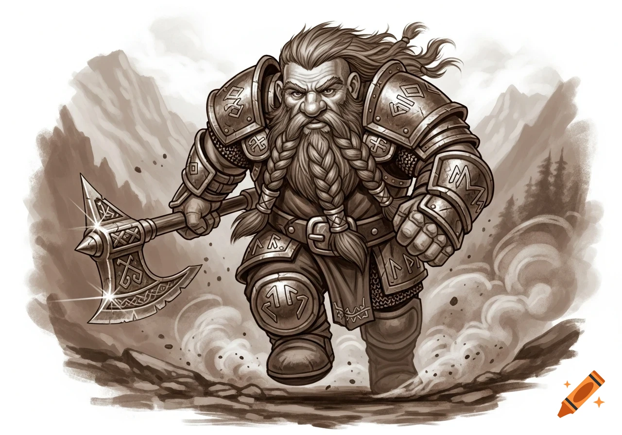 A determined dwarf warrior in ornate armor, with a long braided beard, charges forward holding a large axe in a sepia-toned fantasy illustration.