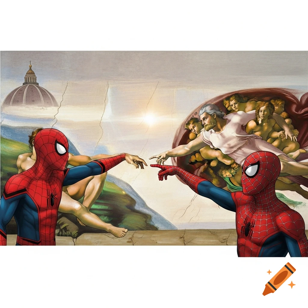 Spider-Man points at God, who also points back, mimicking The Creation of Adam painting and the Spider-Man meme.