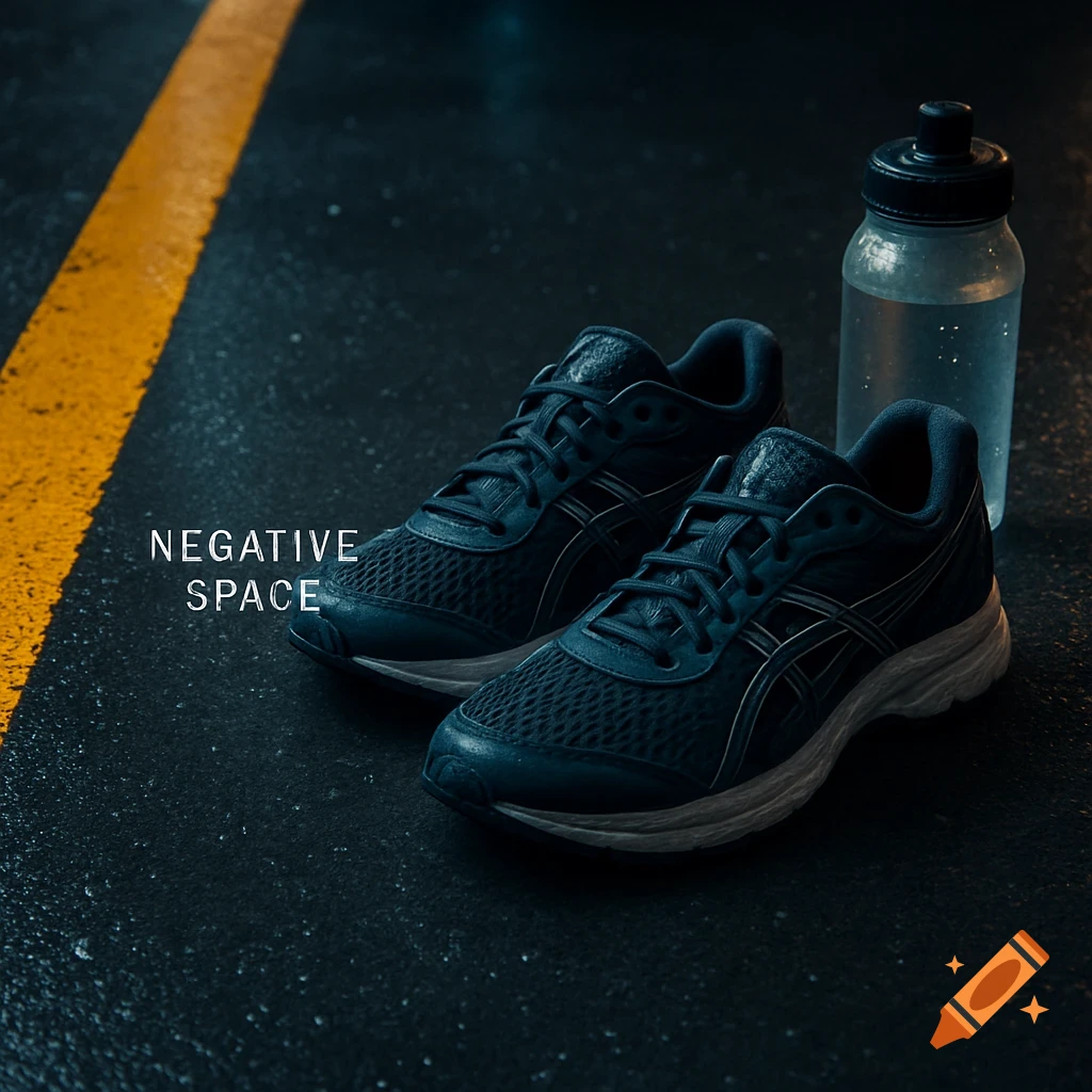 Two dark athletic shoes and a water bottle on dark, wet asphalt with a yellow line and 'NEGATIVE SPACE' text. Photorealistic.