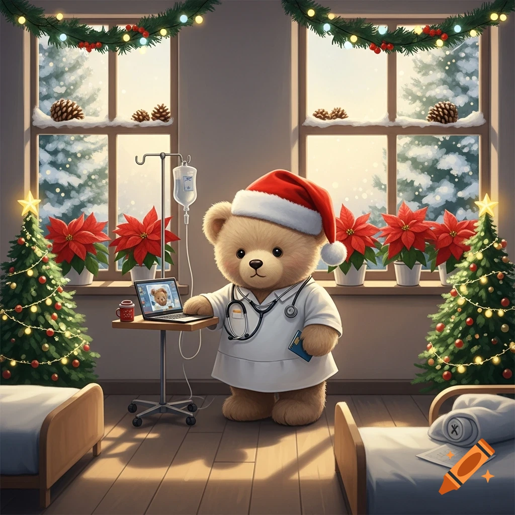 A cute teddy bear doctor wearing a Santa hat and stethoscope stands next to a laptop and an IV drip in a festive hospital room with Christmas trees and poinsettias.