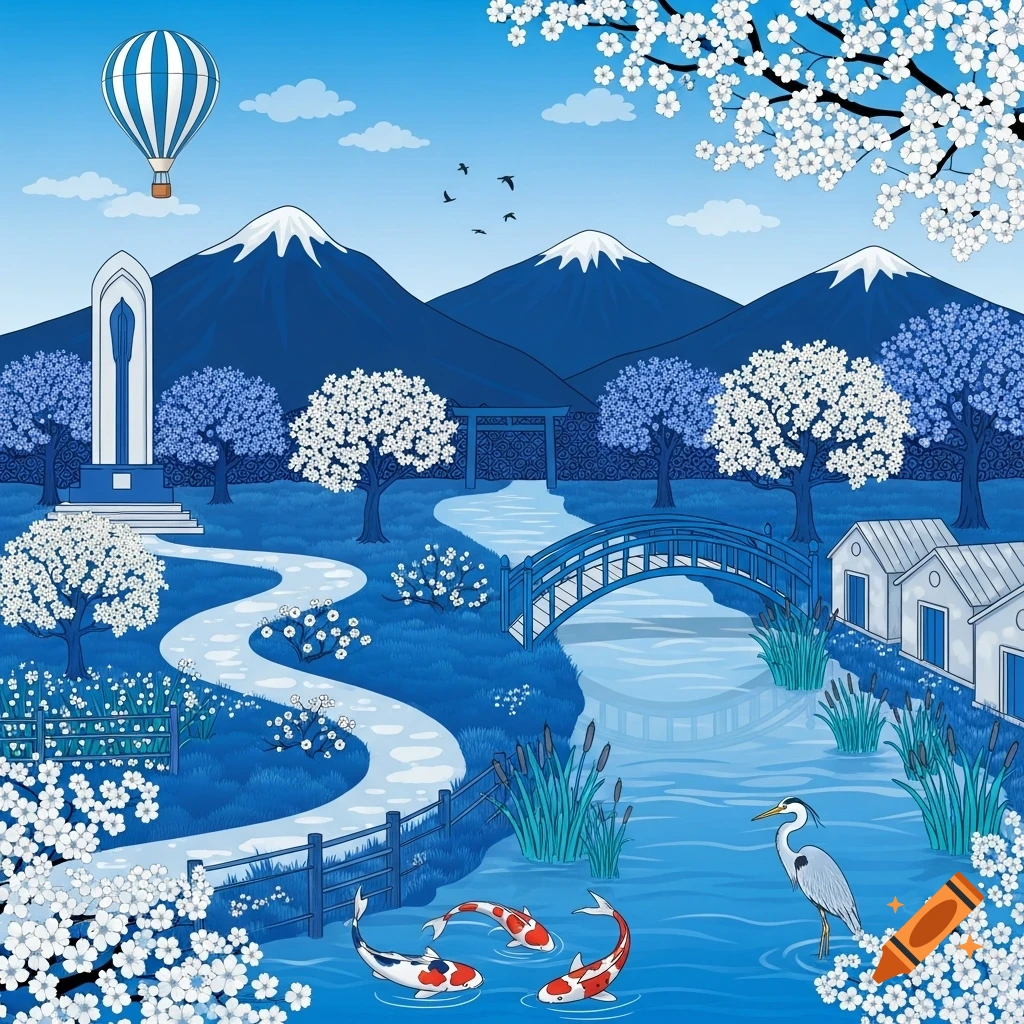 A stylized Japanese garden in various shades of blue and white, featuring mountains, cherry blossom trees, a river with koi fish, a heron, a bridge, cottages, a monument, and a hot air balloon in the sky.