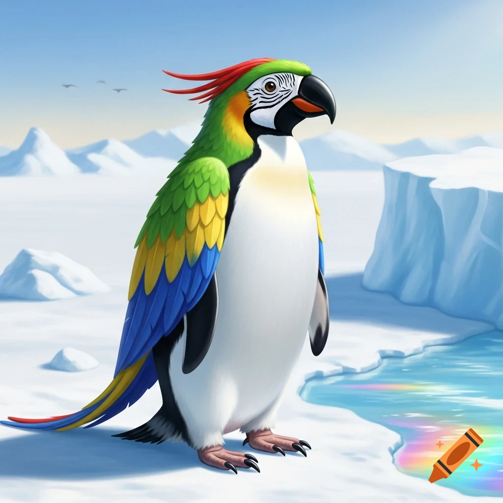 A colorful penguin with a parrot's head, crest, and vibrant feathers stands in a snowy arctic landscape with icebergs and rainbow water.