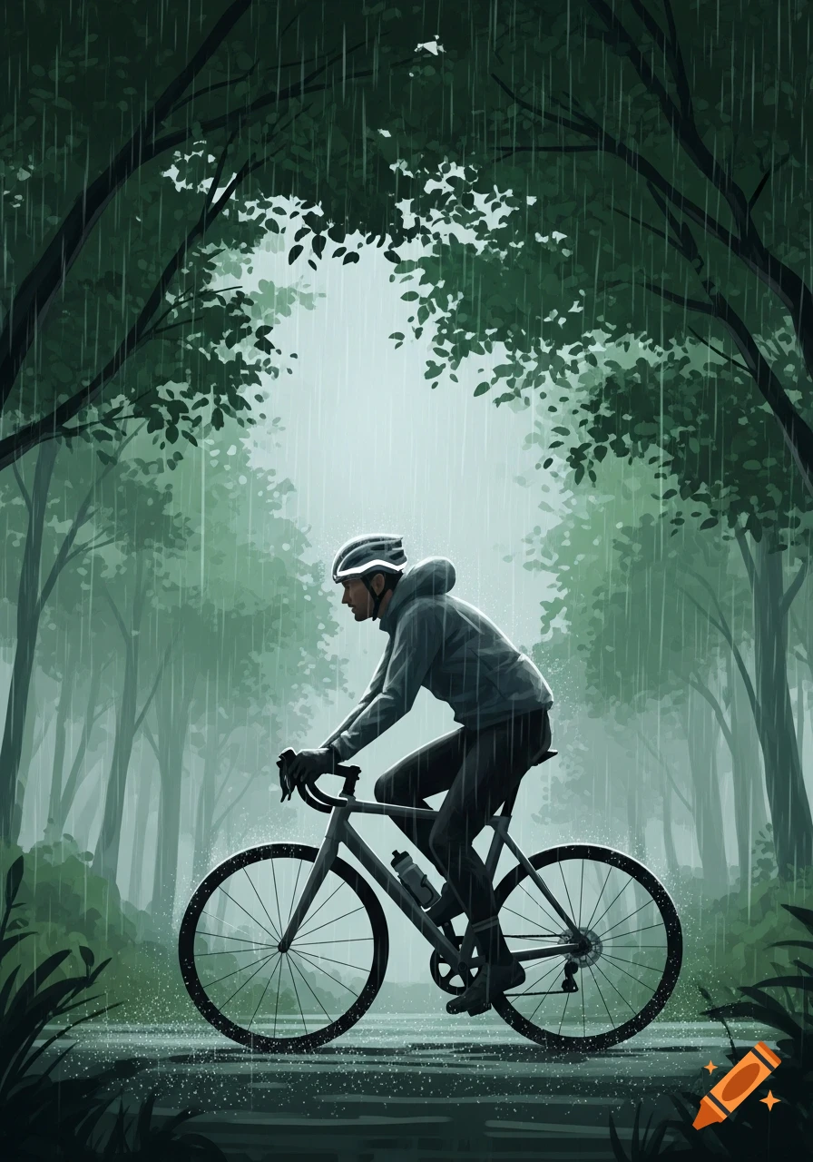 A male cyclist in a helmet and hoodie rides a road bike through a lush green forest during a rain shower, in a stylized illustration.