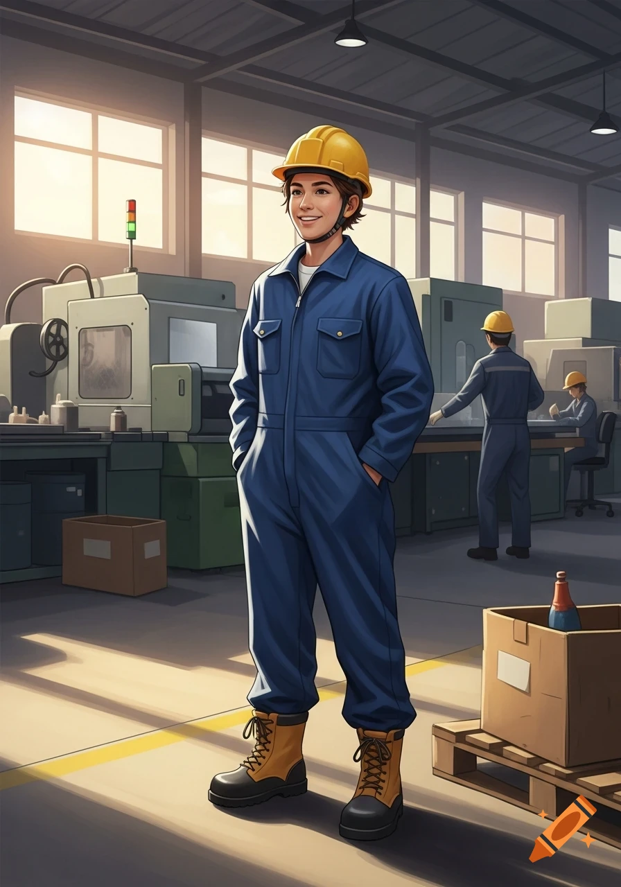Smiling worker in blue jumpsuit and yellow hard hat stands in an illustrated factory with machinery and other workers.