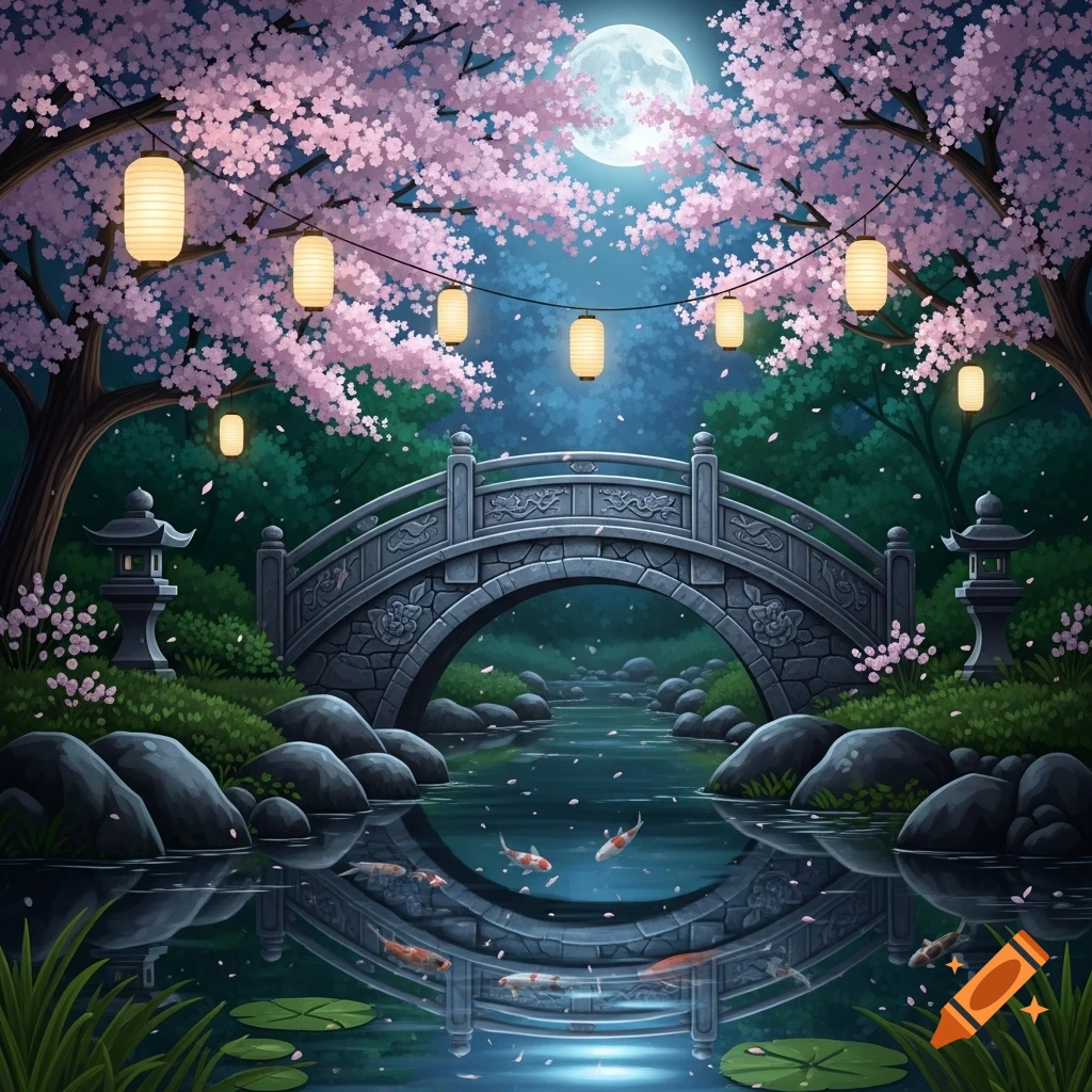 A serene Japanese garden at night with a stone arched bridge over a pond with koi fish, surrounded by pink cherry blossoms and illuminated by glowing lanterns under a full moon.