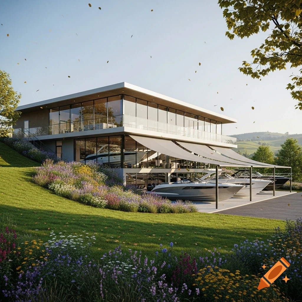 A modern two-story boat dealership with boats displayed, set into a grassy hill covered in wildflowers under a sunny sky.